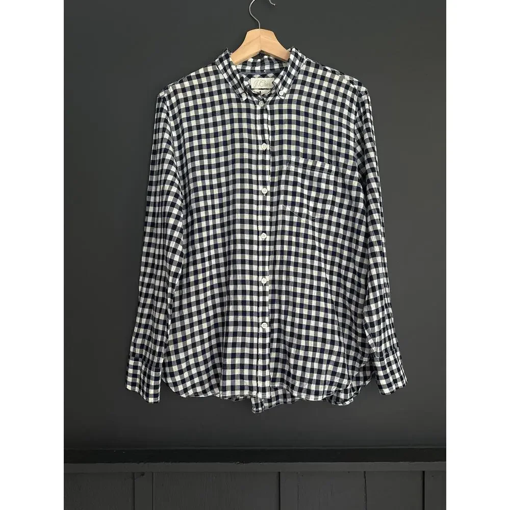 J. Crew Classic Fit Button Down Shirt in Crinkle Gingham Navy White Size 12